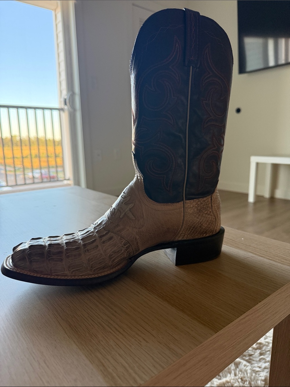 Lucchese Tan Caiman Toe Western Boot with Dark Brown Shaft